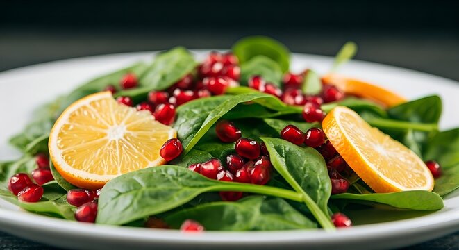 Close-up of a fresh spinach salad with pomegranate seeds and orange slices on a white plate against a dark background. - Powered by Adobe
