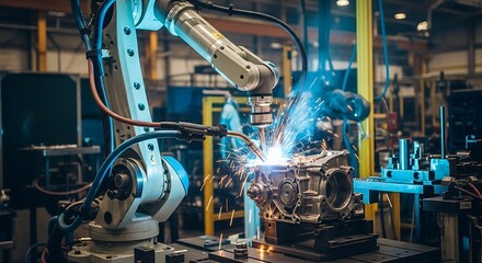 A robotic arm performs precision welding on a metal component in a modern manufacturing facility.