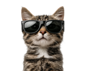 Cool cat wearing black sunglasses, brown tabby feline with white chest, isolated on transparency background, humorous pet portrait, confident expression, stylish animal, playful mood