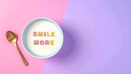 Smile More Alphabet Cereal in Milk on Gradient Pink to Purple Background