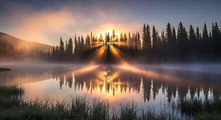 Obraz premium Stunning sunrise over serene lake with majestic reflections, creating a peaceful landscape scene