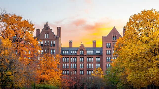 Breathtaking sunset over ivy league campus autumn landscape gigapixel view tranquil environment - Powered by Adobe