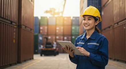 Young Asian woman wearing yellow hard hat and working with tablet in warehouse  
