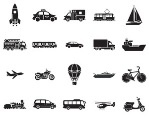 Black Filled Solid Silhouette Transport Icon Set with 20 Vehicle Designs for Modern Vector Illustration