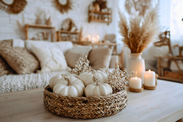 Cozy autumn living room scene with white pumpkins and pampas grass decor