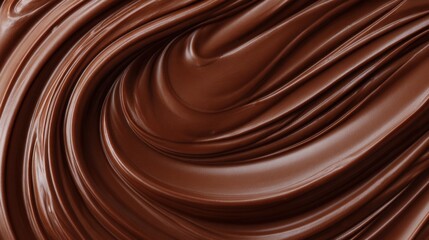 Naklejka premium Rich chocolate texture displays smooth creamy swirls with a glossy finish. This scene captures the essence of indulgence and culinary art in a kitchen setting.