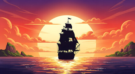 Silhouette of a pirate ship sailing on the sea at sunset, illustration