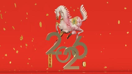 Year of the Horse 2026 A dynamic 3D illustration featuring a stylized white horse with floral accents, positioned next to the prominent numbers "2026" against a festive red background with golden dots