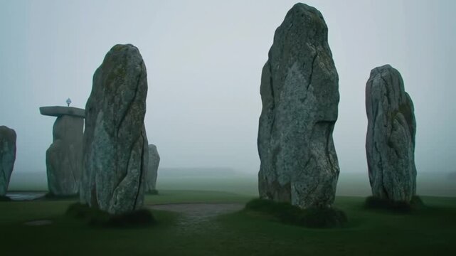 Ancient megalithic stones of Stonehenge standing tall in a misty, atmospheric landscape under an overcast sky, evoking mystery and history.