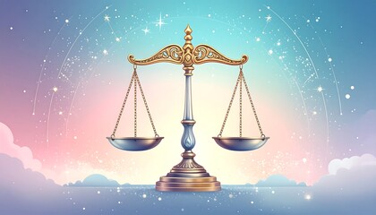 Ornate scales of justice on a celestial backdrop
