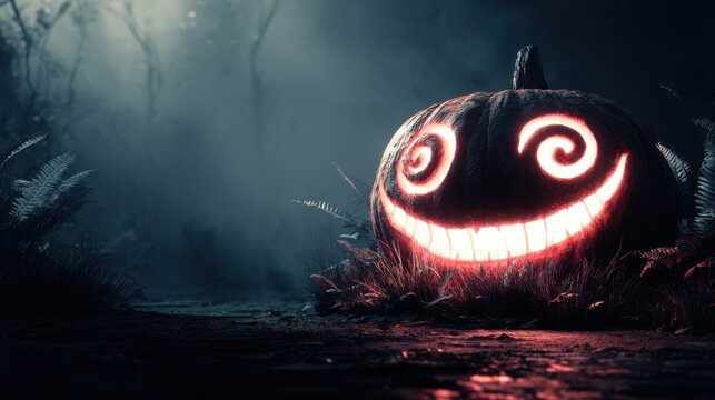 Enchanting and Spooky Halloween Pumpkin with Glowing Spirals in Mysterious Dark Forest Setting