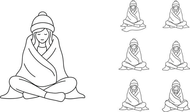 Set of woman wrapped in blanket icons for winter season comfort
