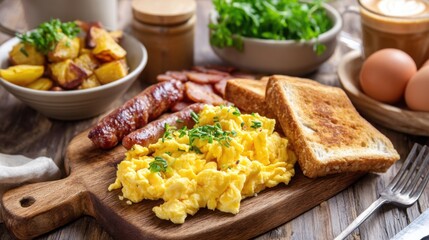 rustic breakfast scene with scrambled eggs sausage