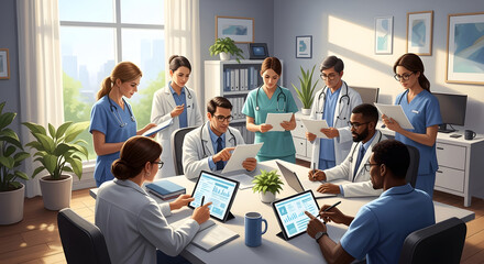 Dedicated healthcare staff in a professional setting collaborate on patient care, utilizing modern technology and teamwork to discuss medical strategies and optimize health outcomes