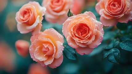 Close-Up of Multiple Peach Roses: Fully Bloomed & Budding, with Sparkling Tiny Drops on Petals, Softly Blurred Teal & Dark Green Background