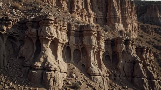 Unique geological formations sculpted by millennia of natural erosion in a remote, arid desert landscape, revealing intricate patterns and weathered rock structures