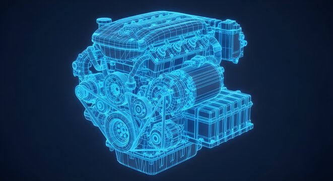 Car engine Blue Wireframe V8 Engine on Dark Blue Background motor automobile