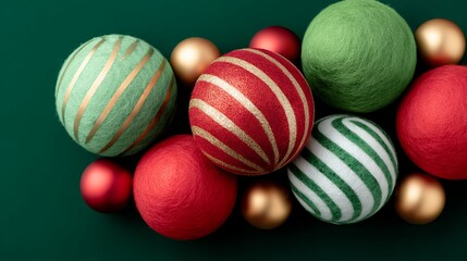 Fototapeta premium Green and Red Christmas Ornaments on Dark Green Background