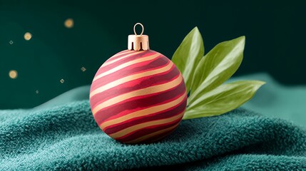 Red and Gold Striped Christmas Ornament on Teal Fabric