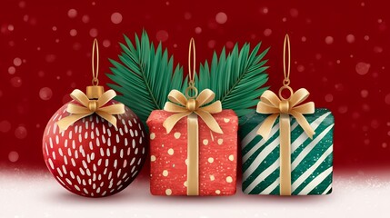 Red and Green Christmas Ornaments and Gifts on Snow