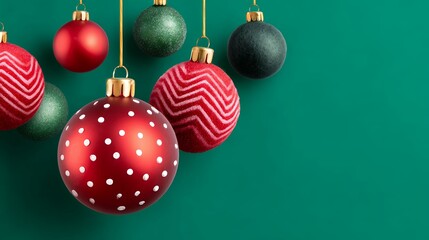 Red and Green Christmas Ornaments Hanging Against a Teal Background