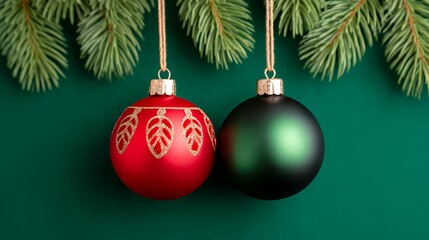 Red and Green Christmas Ornaments Hanging on Green Background
