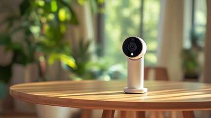 Fototapeta premium Indoor Security Camera on Round Wood Table in Sunlit Room Minimalist Style