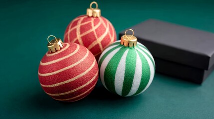 Red And Green Christmas Ornaments With Gift Box On Dark Green Background