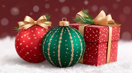 Red and Green Christmas Ornaments with Gift on Snow