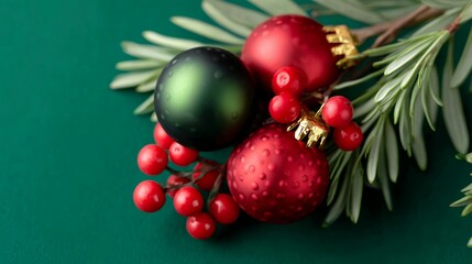 Red and Green Christmas Ornaments with Holly Berries on Green Background