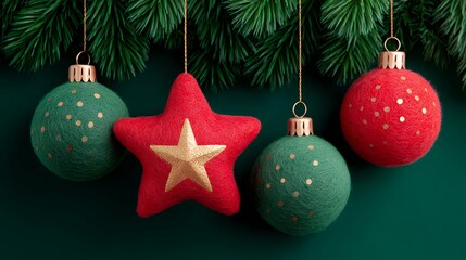 Red and Green Christmas Ornaments with Star Decoration on Green Background