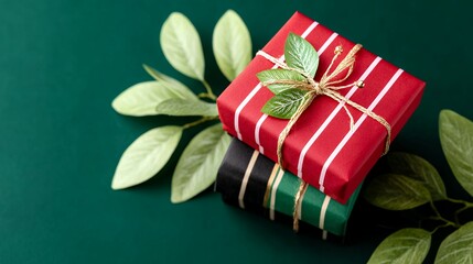 Red And Green Wrapped Gifts with Greenery on Dark Green Background