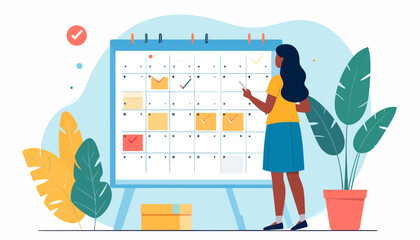 Woman managing her schedule and planning events on a large wall calendar. A conceptual vector illustration of effective time management and productivity