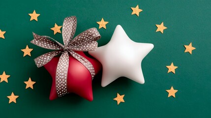 Red And White Star Ornaments On Green Background