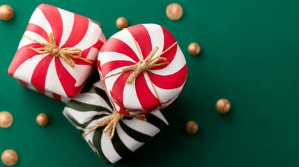 Red And White Striped Christmas Presents On Green Background