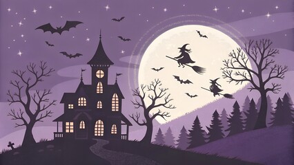 Fototapeta premium Spooky Halloween Night Scene with Witches Flying on Broomsticks and Haunted House
