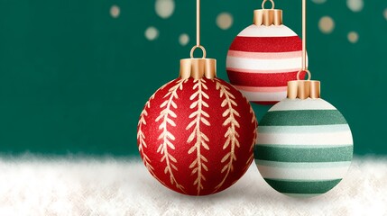 Red Green White Christmas Ornaments on Green Background