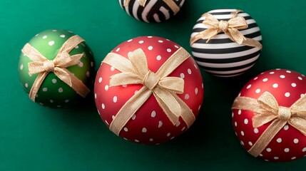 Red Green White Christmas Ornaments with Gold Bows on Green Background