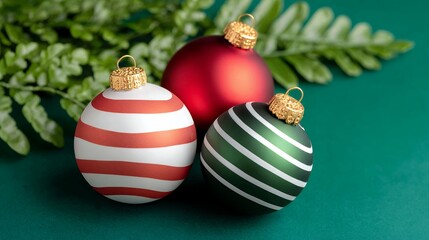 Red Green White Striped Christmas Ornaments on Green Background