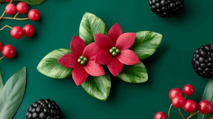 Red Poinsettia Flowers with Berries and Leaves on Green Background