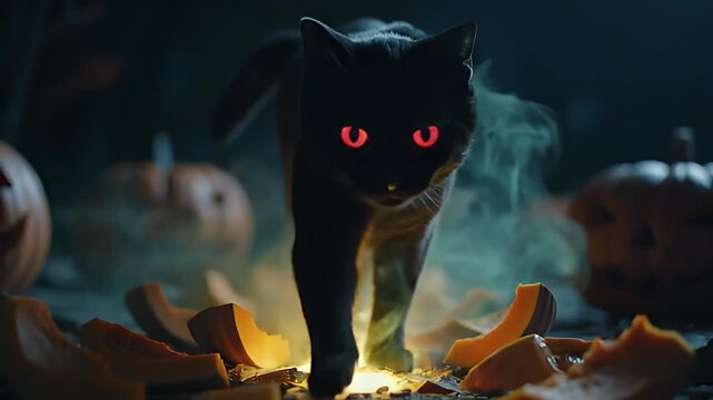 mysterious black cat with glowing red eyes halloween night