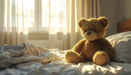 A teddy bear sits on a bed in a sunny bedroom.