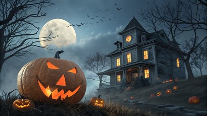 Fototapeta premium Spooky Halloween Night with Haunted House Pumpkins and a Full Moon