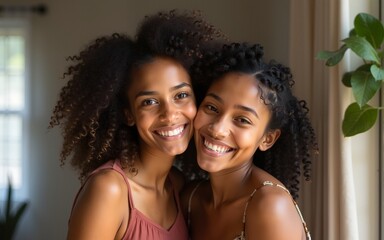 Candid multiracial girls best friends embracing standing indoors. High quality