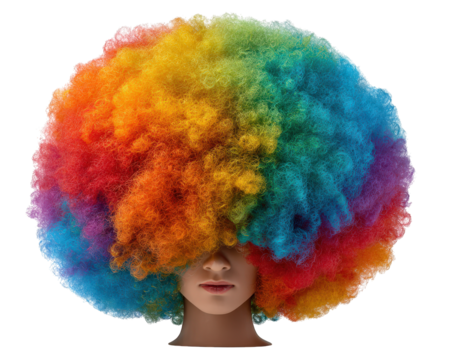 Colorful rainbow afro wig party accessory, vibrant curly synthetic hair, photo realistic style, joyful expression, isolated on transparency background