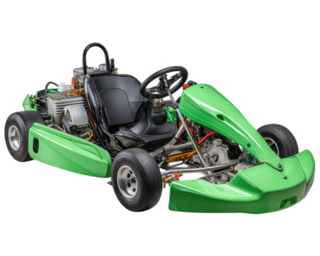 Green go kart racing vehicle detailed photorealistic design exposed engine black seat metallic frame sporty style isolated on white excitement