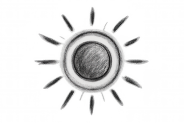 Hand drawing sun symbol in black and white with an abstract textured style over transparent background