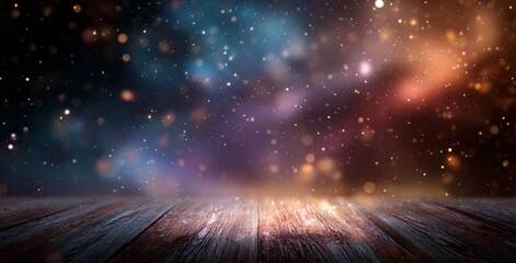 Magical Night Sky Background with Wooden Floor.