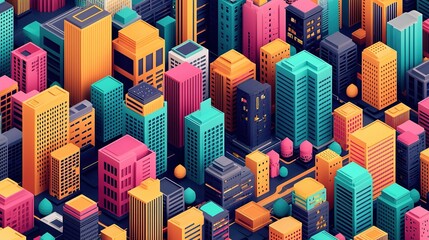 Obraz premium Vibrant isometric city landscape urban environment digital art illustration modern design aerial view gigapixel scale