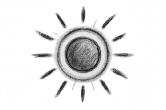 Hand drawing sun symbol in black and white with an abstract textured style over transparent background